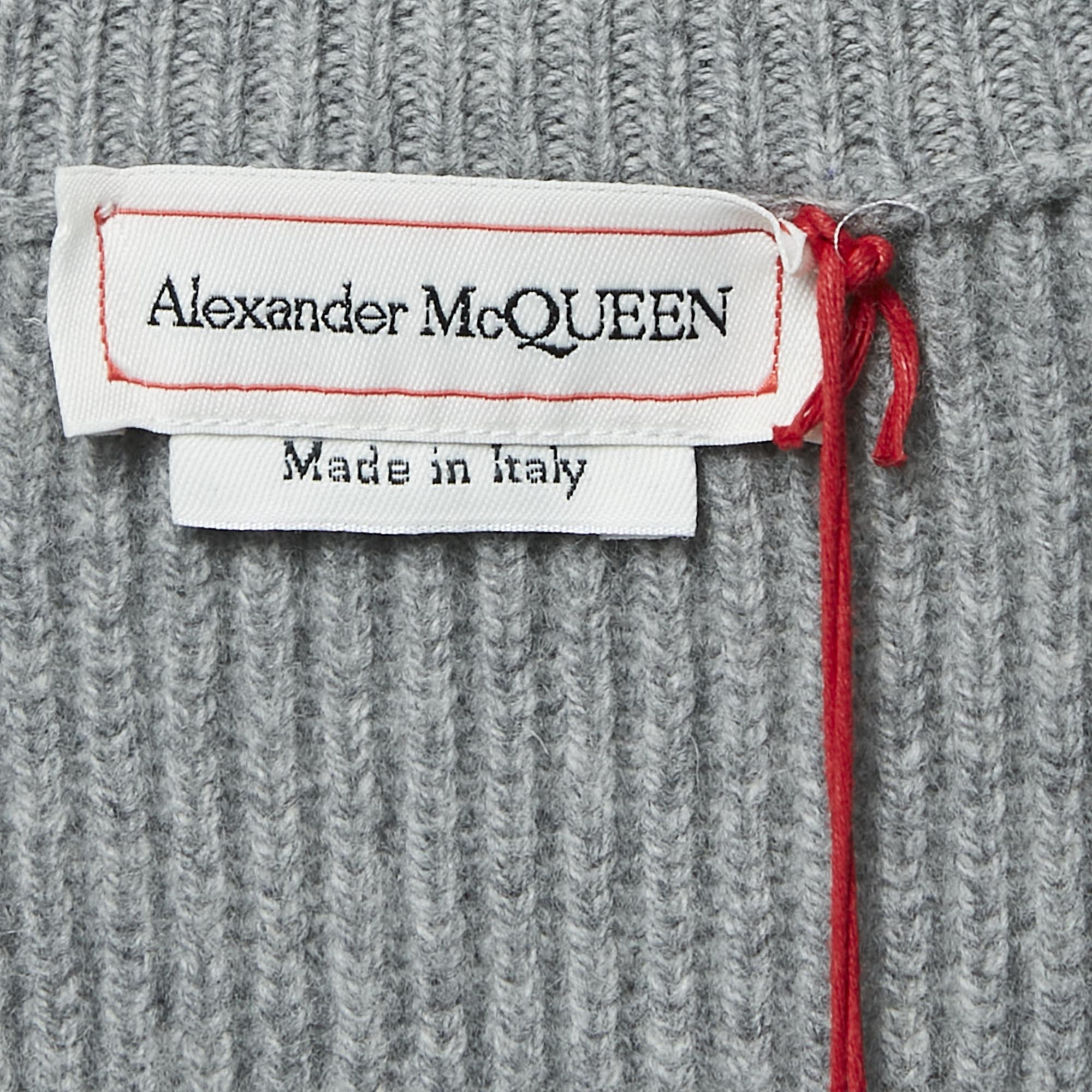 Alexander McQueen Grey Wool Rib Knit Button Front Cardigan M 