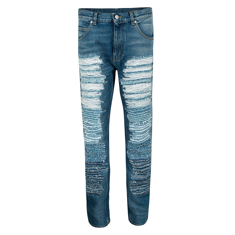 Alexander McQueen SS'16 Blue Ripped Effect Straight Fit Denim Jeans S