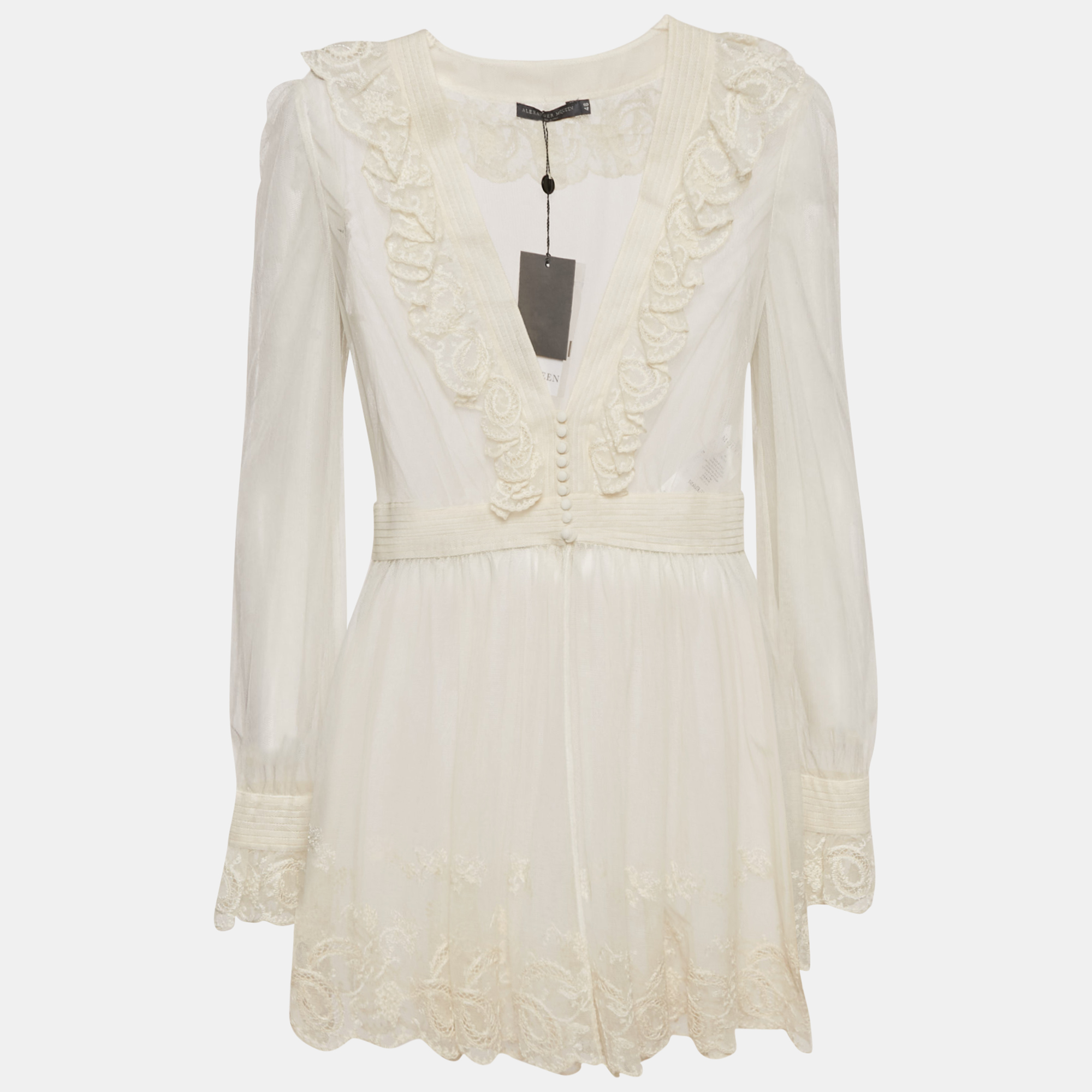 

Alexander McQueen Off White Embroidered Tulle Sheer Tunic L