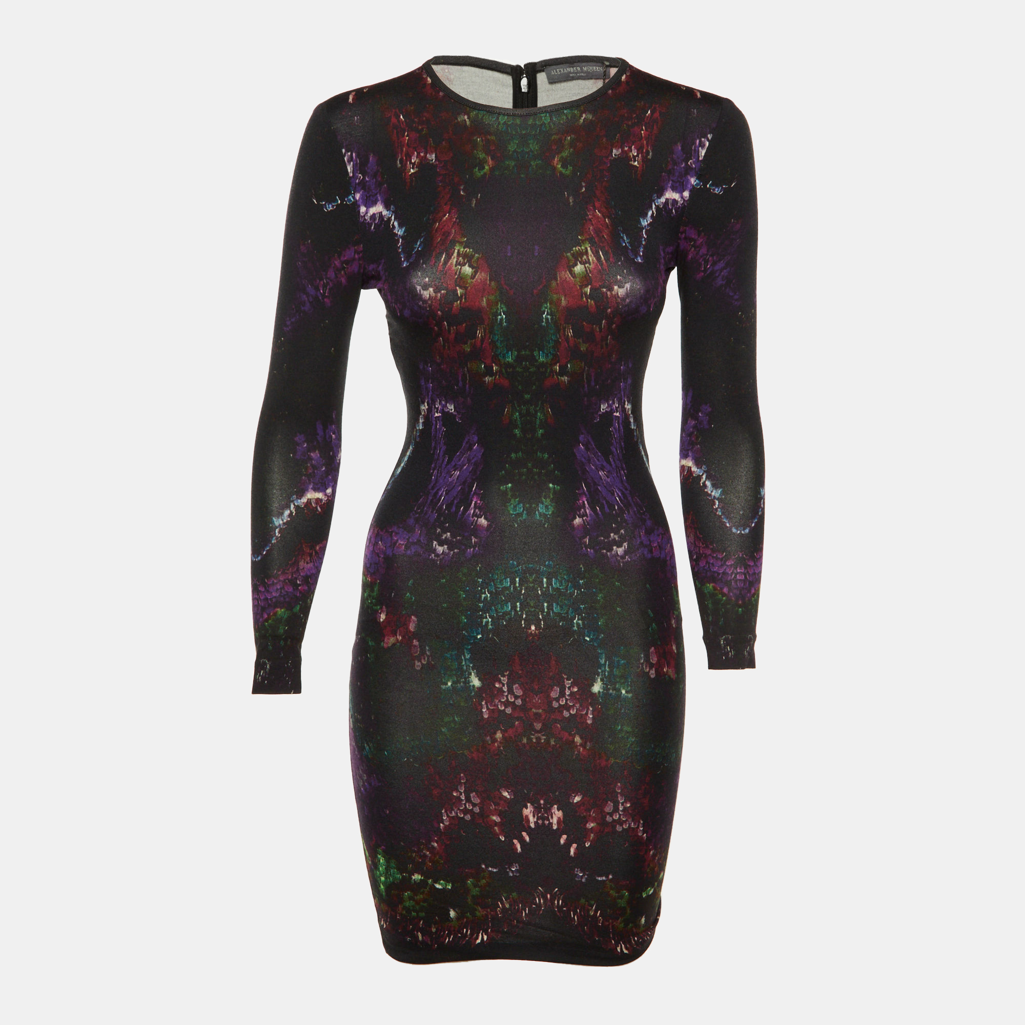 

Alexander McQueen Black Printed Jersey Fitted Dress XS, Purple