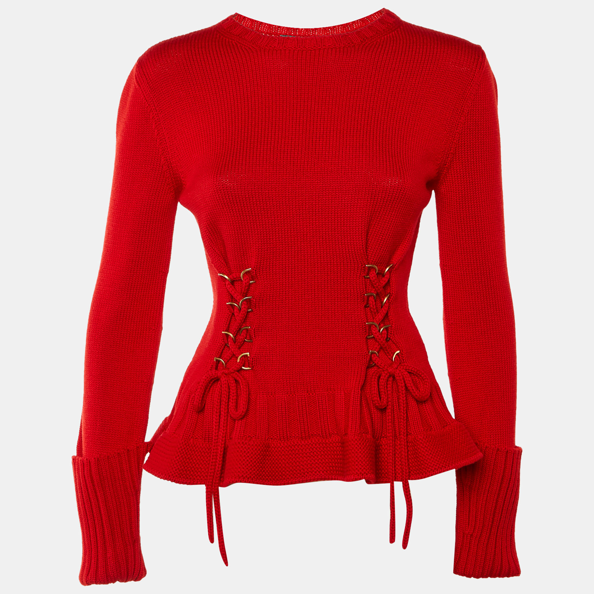 

Alexander McQueen Red Wool Knit Lace Up Detail Sweater Top M