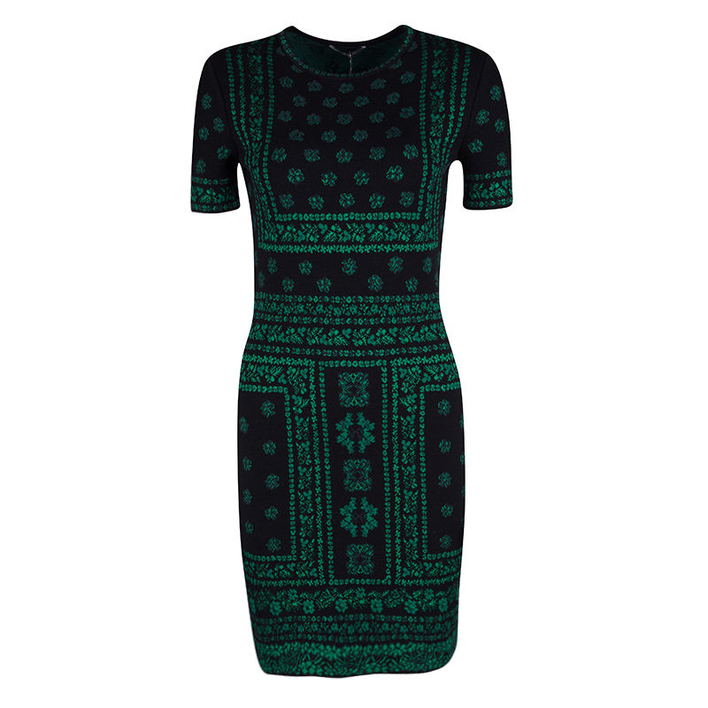 Alexander McQueen Black and Green Floral Pattern Jacquard Knit Pencil Dress M