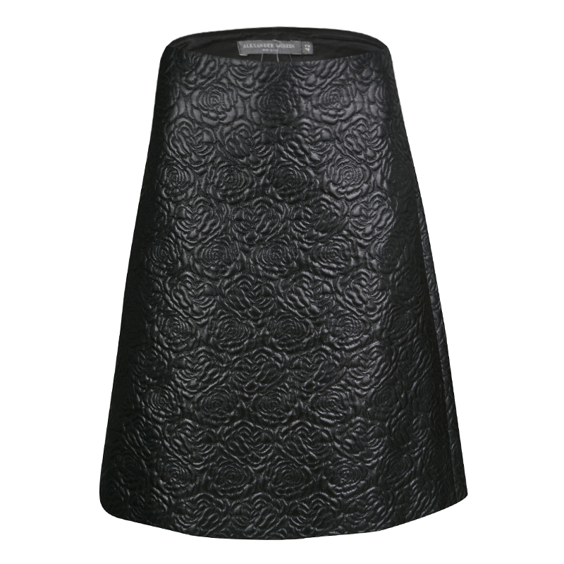 Pre Owned Alexander McQueen Black Embossed Rose Pattern Jacquard Half Pleated Skirt M