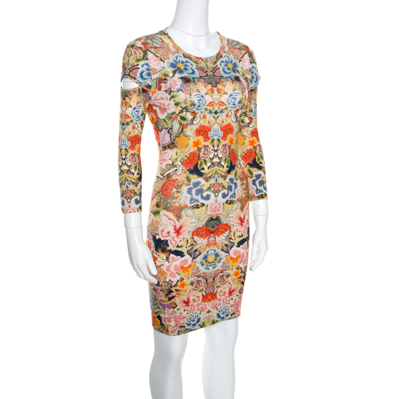 

Alexander McQueen Floral Printed Jersey Cutout Sleeve Detail Bodycon Dress, Multicolor