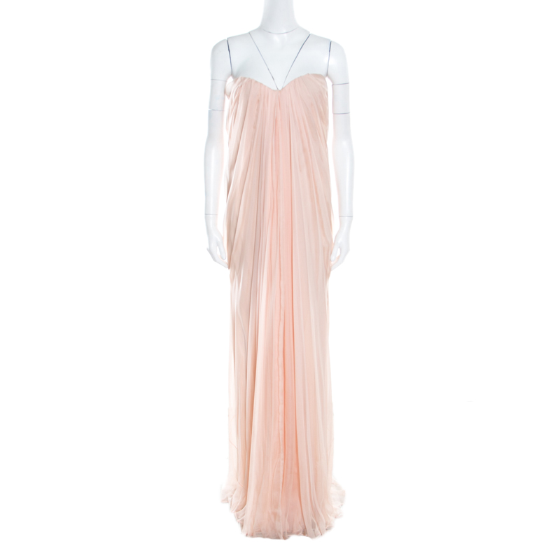 Alexander McQueen Blush Pink Silk Chiffon Draped Strapless Maxi Dress L
