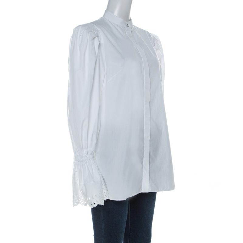 

Alexander McQueen White Cotton Broderie Anglaise Cuffed Bell Sleeve Detail Front Button Shirt