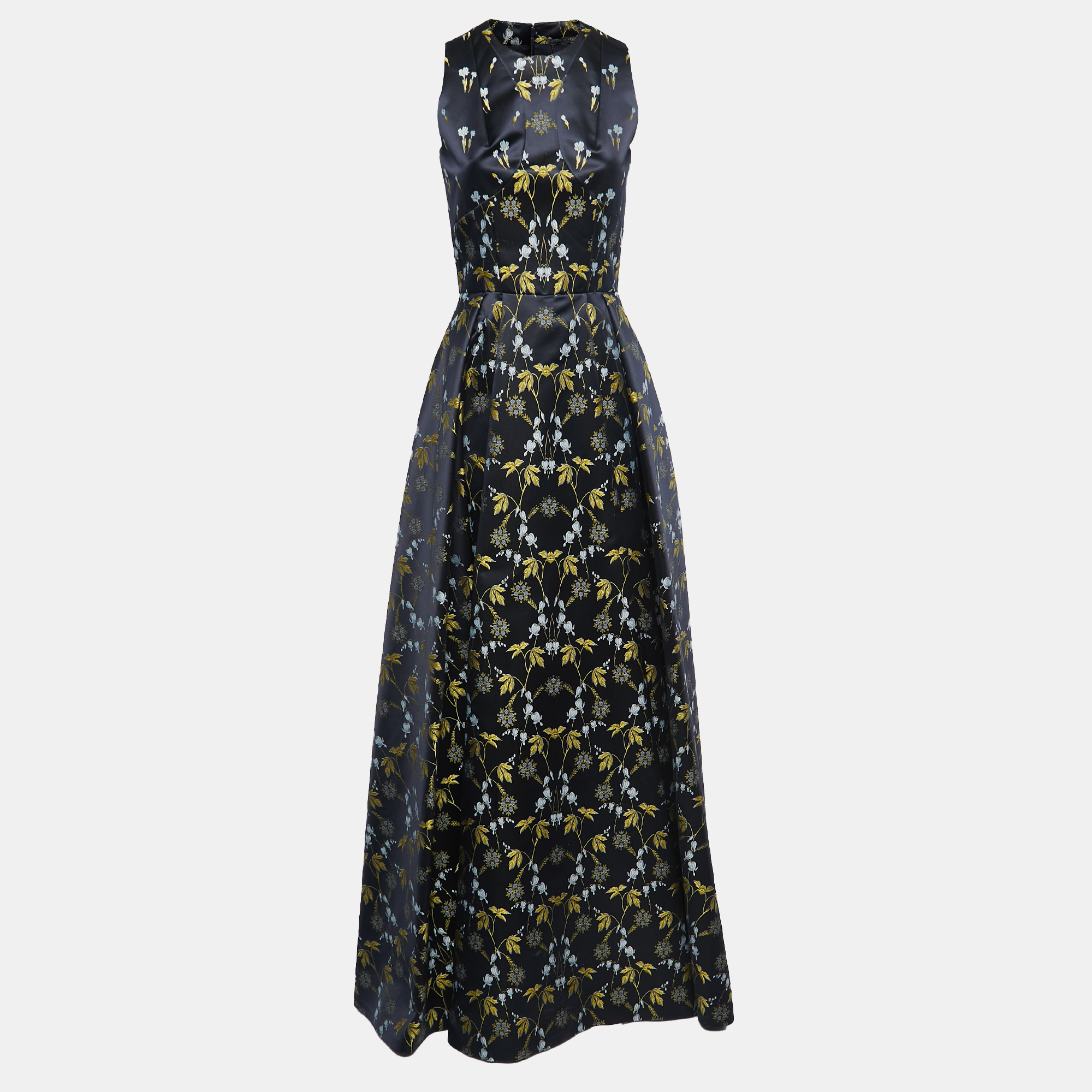 Pre-owned Alexander Mcqueen Navy Blue Floral Jacquard Sleeveless Gown S