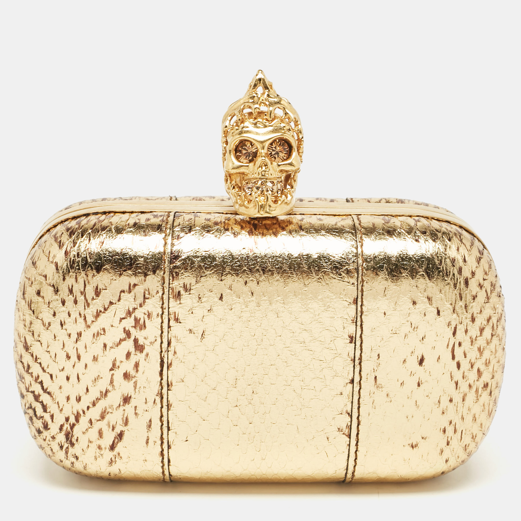 

Alexander McQueen Metallic Gold Python Skull Box Clutch