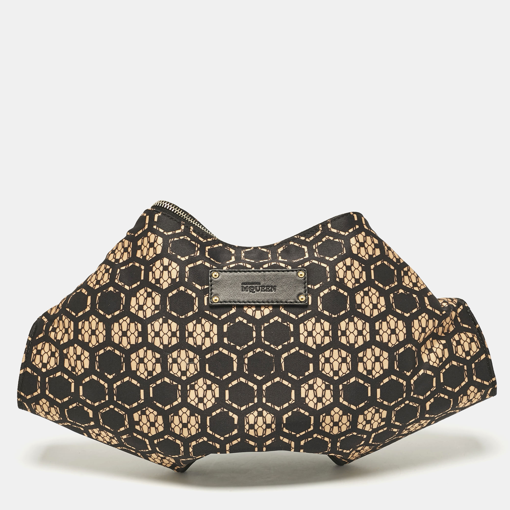 

Alexander McQueen Black/Beige Printed Satin and Leather De Manta Clutch