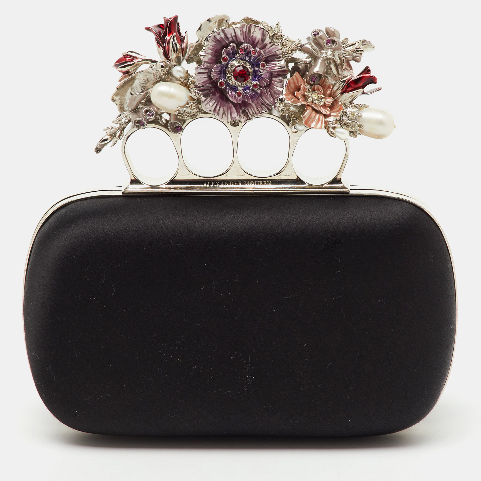

Alexander McQueen Black Satin Floral Knuckle Clutch