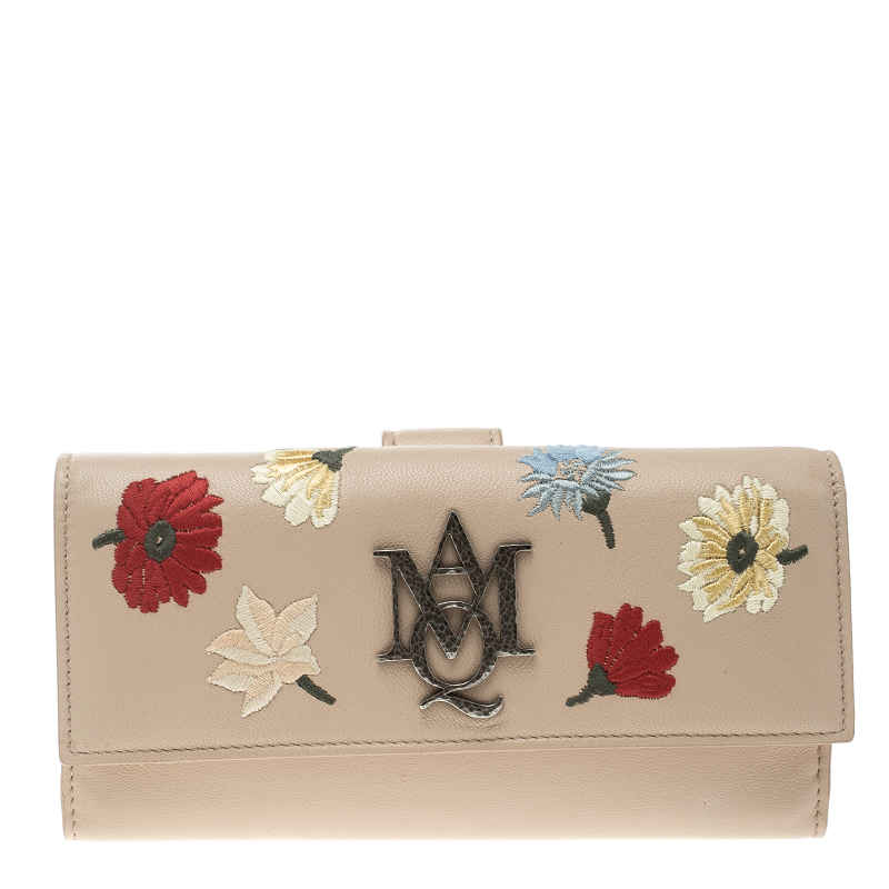 Alexander McQueen Blush Pink Leather Floral Embroidered Insignia Continental Wallet