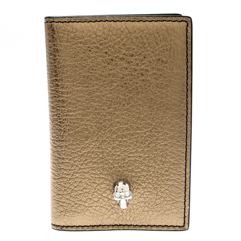Alexander McQueen Metallic Gold Leather Skull Bifold Card Holder 