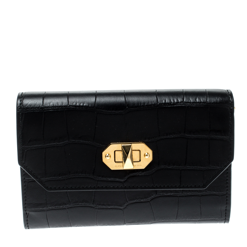 Alexander McQueen Black Croc Embossed Leather Medium Box Lock Continental Wallet
