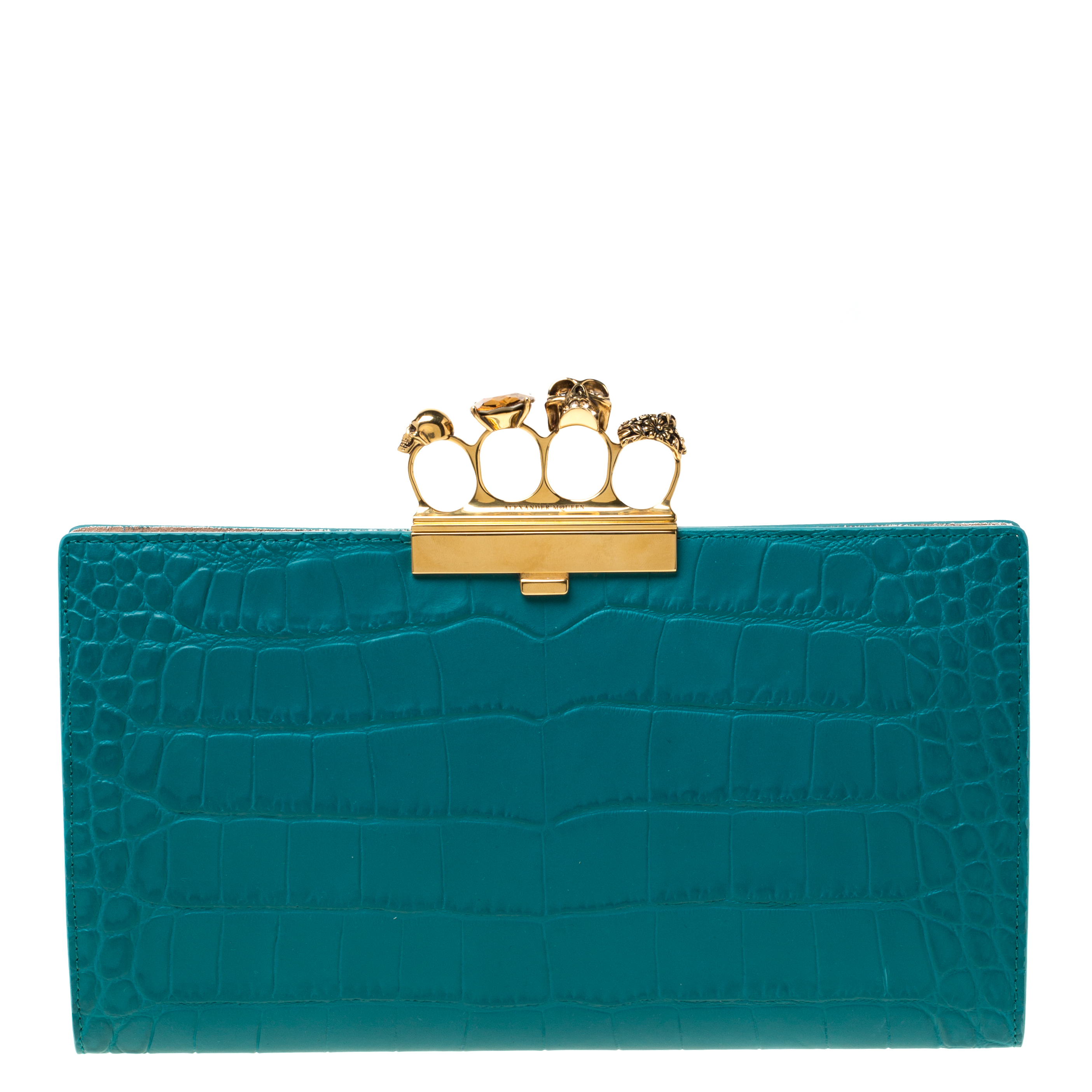 Pre Owned Alexander McQueen Green Embossed Croc Leather Skull Knuckle Duster Clutch