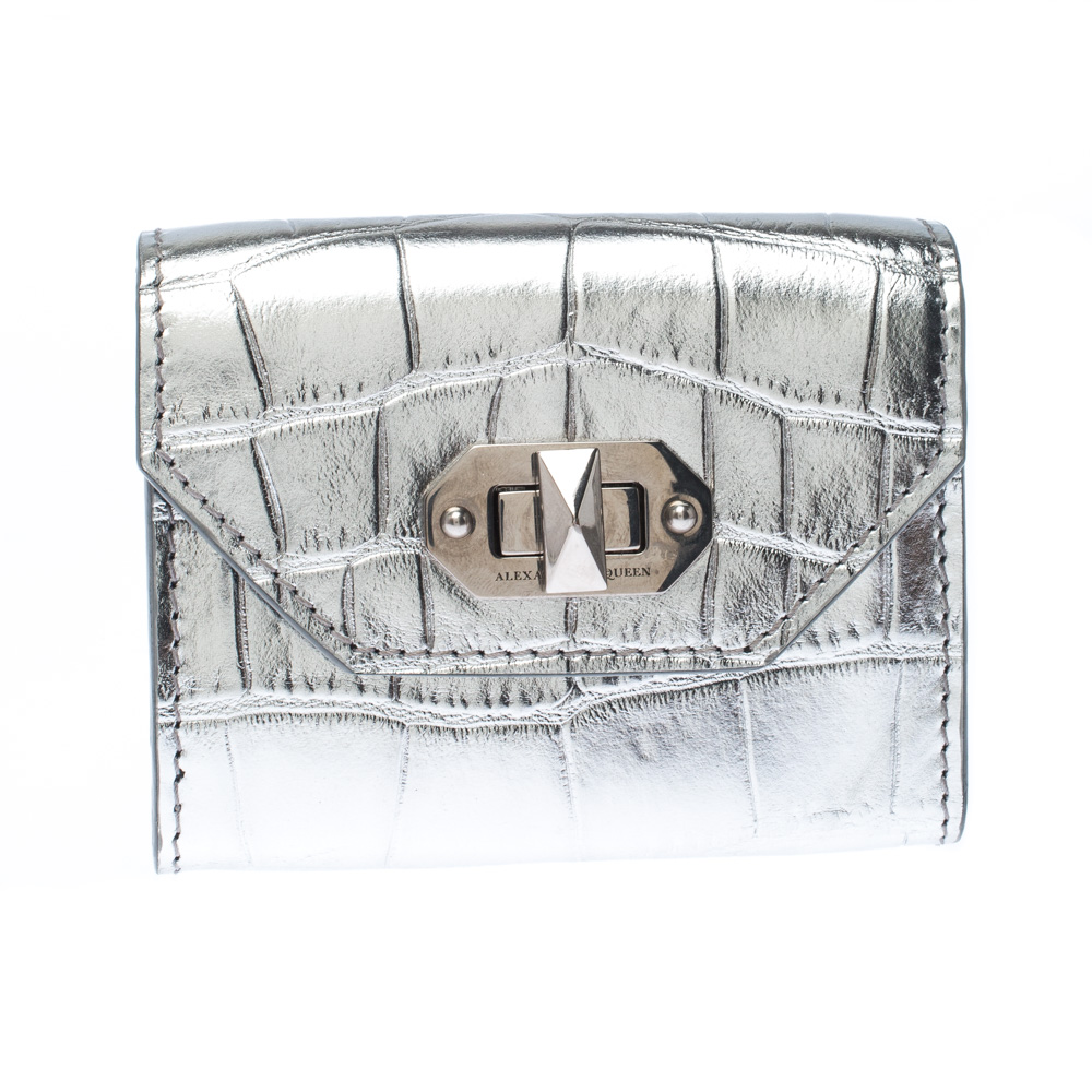 Alexander McQueen Silver Croc Embossed Leather Business Card Holder