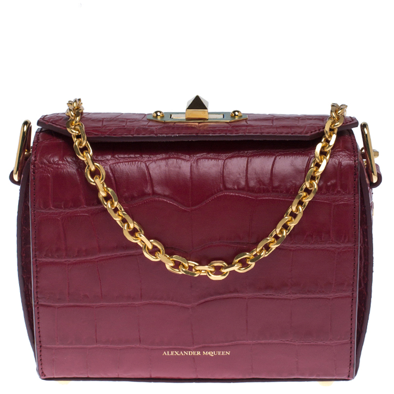 Pre Owned Alexander McQueen Red Croc Embossed Leather Box Shoulder Bag