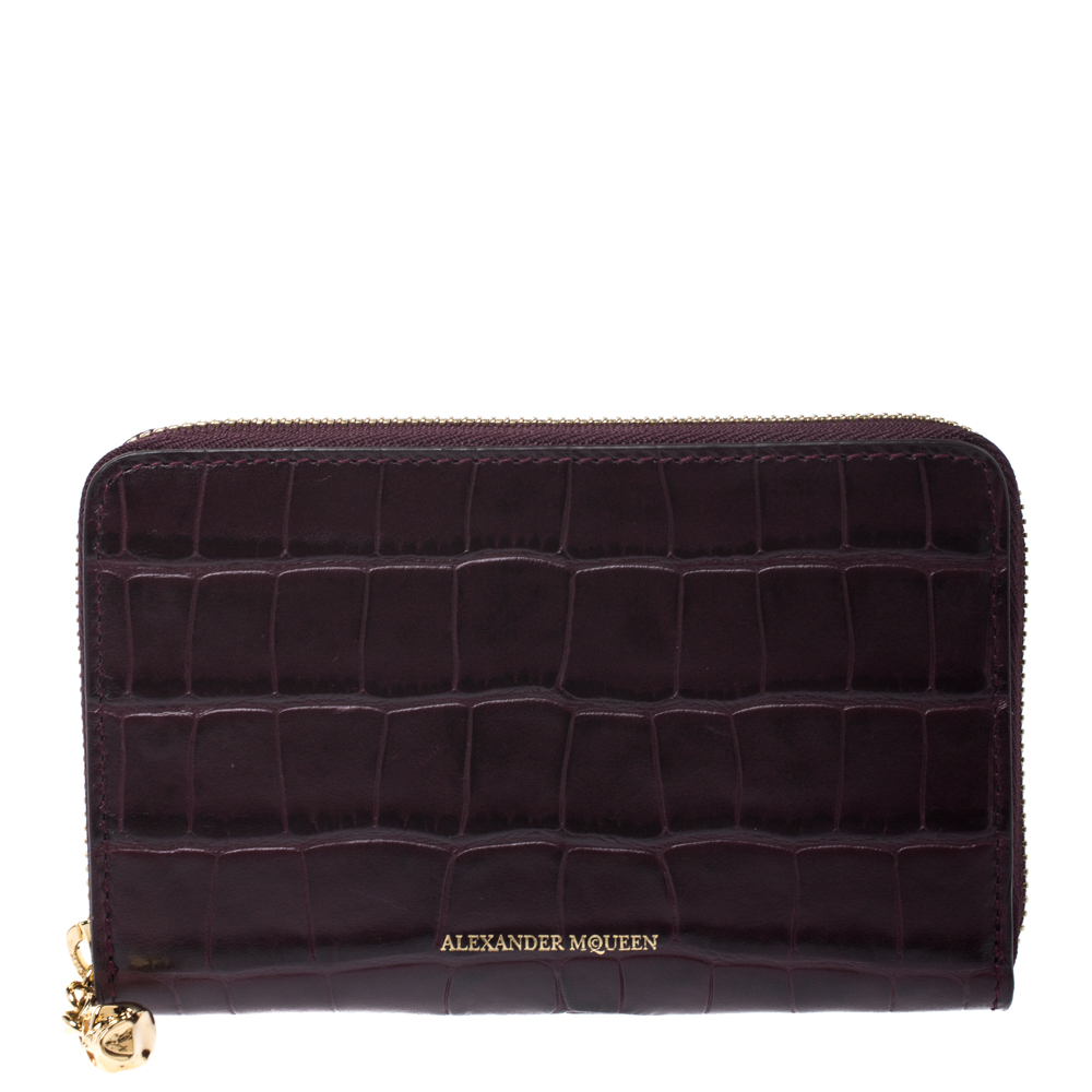 Alexander McQueen Burgundy Croc Embossed Leather Zip Around Wallet