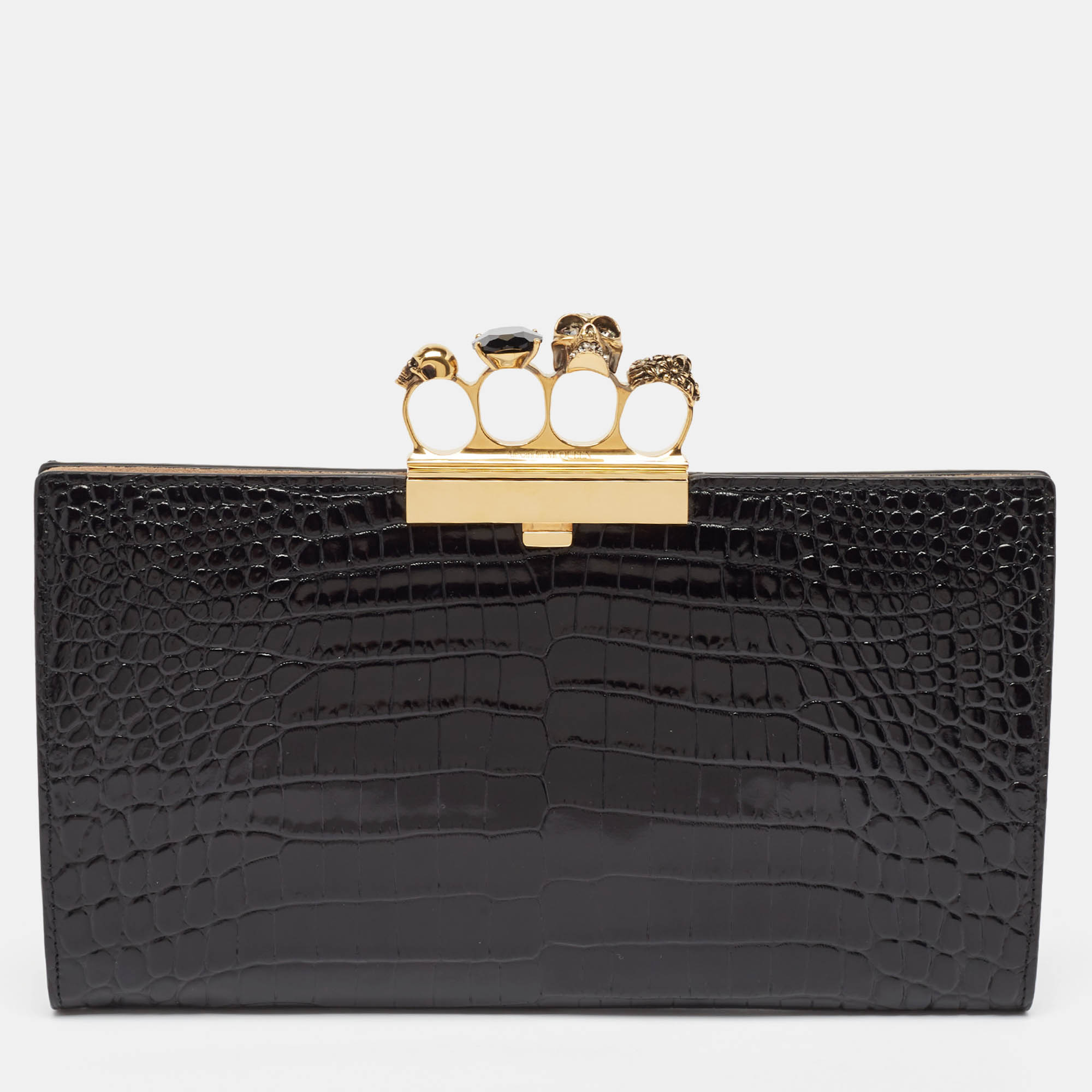 

Alexander McQueen Black Croc Embossed Glossy Leather Knuckle Clutch