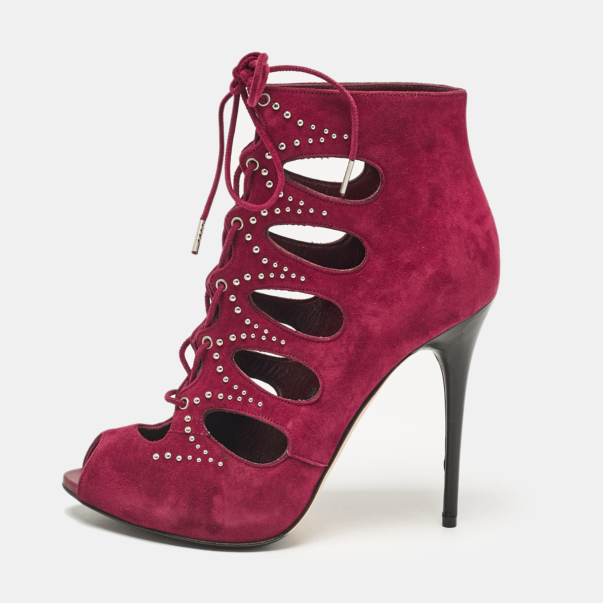 

Alexander McQueen Burgundy Suede Studded Cut Out Ankle Booties Size