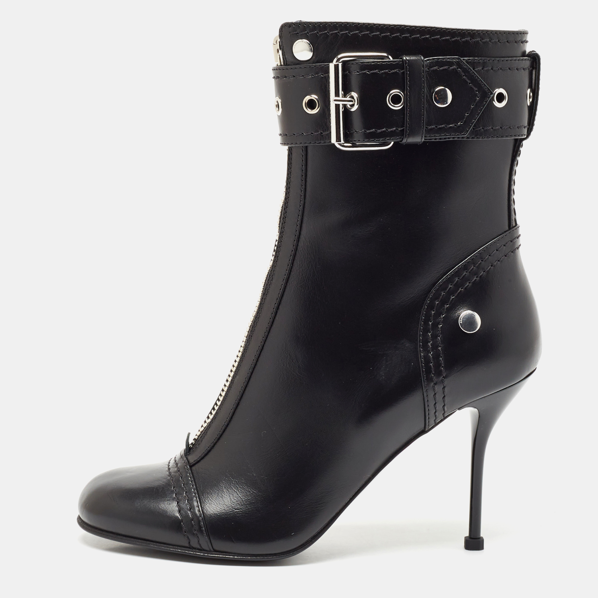 

Alexander McQueen Black Leather Studded Biker Ankle Boots Size