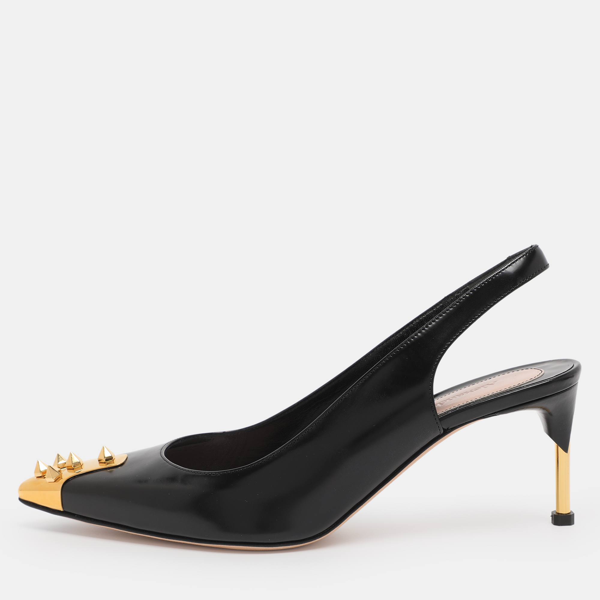 

Alexander McQueen Black Patent Leather Punk Spike Slingback Pumps Size 39