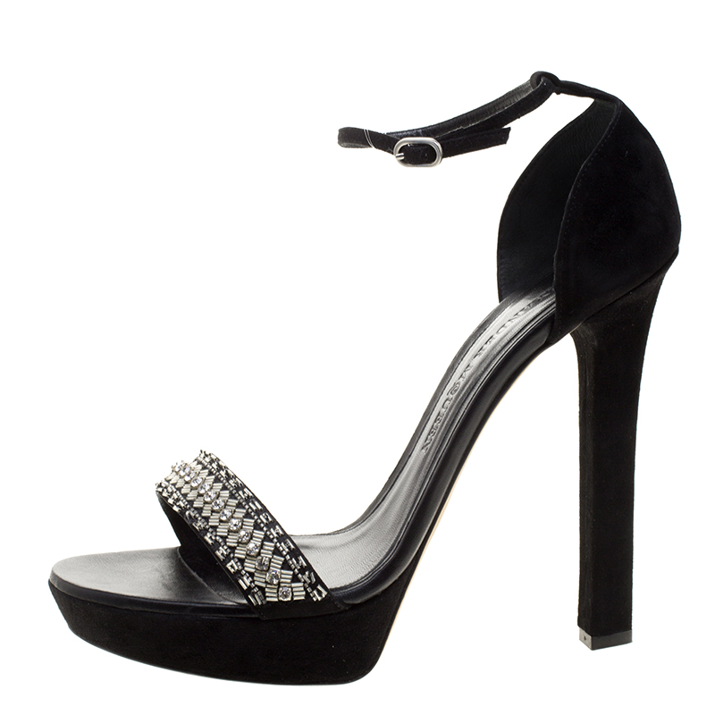 

Alexander McQueen Black Crystal Embellished Suede Ankle Strap Open Toe Sandals Size