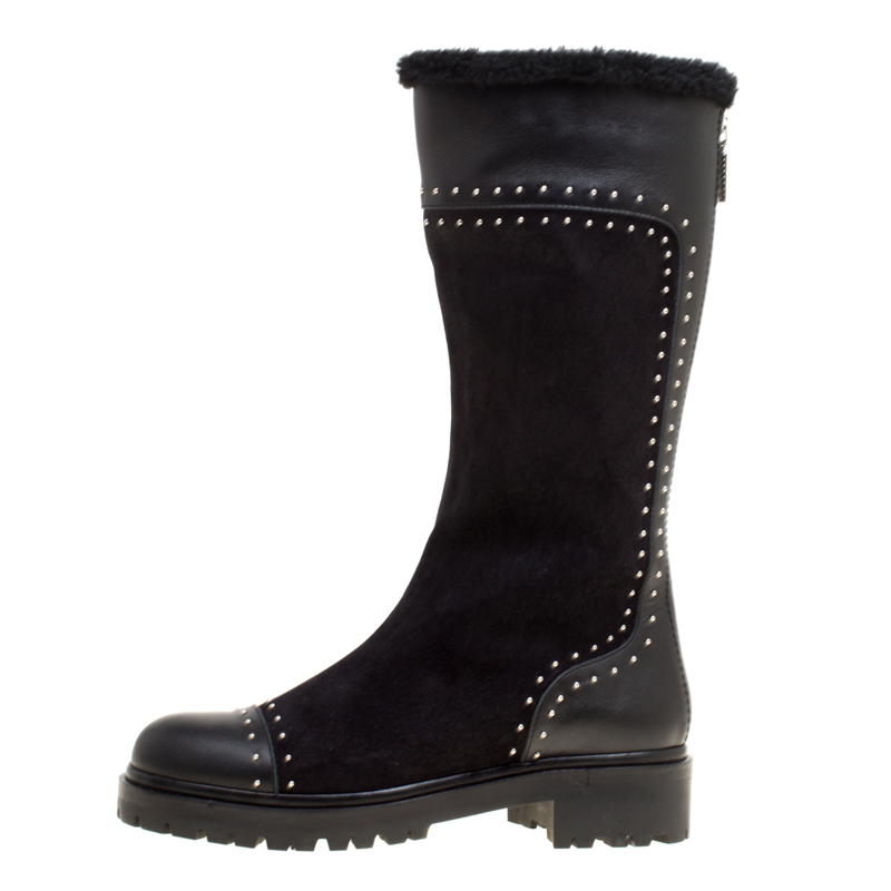 

Alexander McQueen Black Suede and Leather Studded Shearling Fur-Lined Mid Calf Boots Size