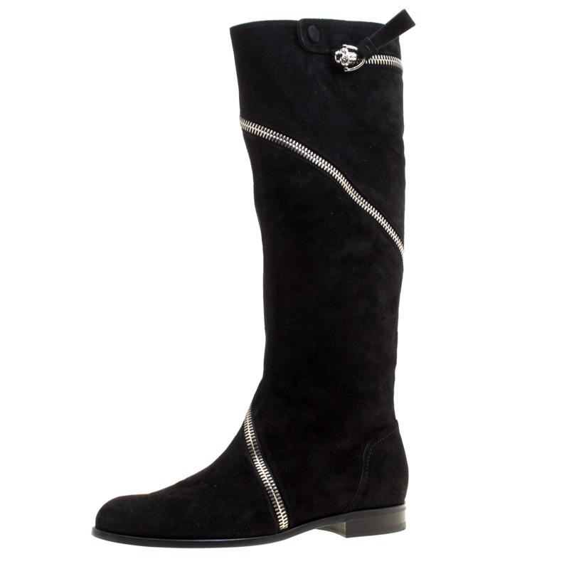 Pre Owned Alexander McQueen Black Suede Spiral Zip Knee Length Boots Size 41