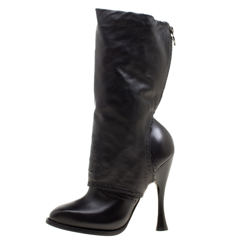 

Alexander McQueen Black Perforated Leather Mid Calf Boots Size
