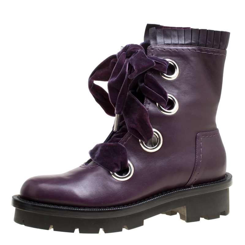 Pre Owned Alexander McQueen Purple Leather Pleat Trim Platform Biker Boots Size 40