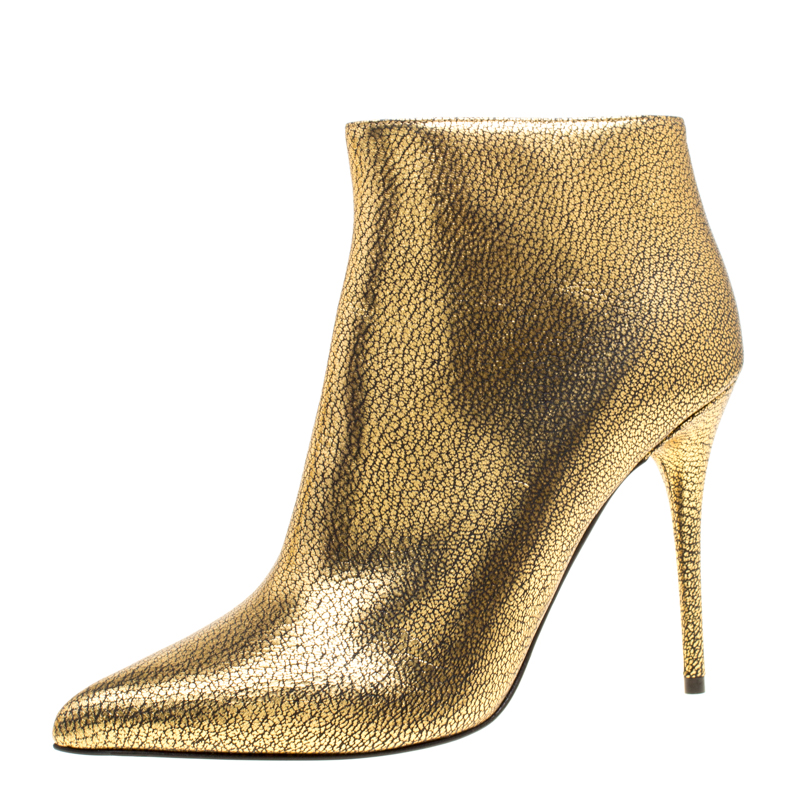Alexander McQueen Gold Textured Leather Pointed Toe Ankle Booties Size 38