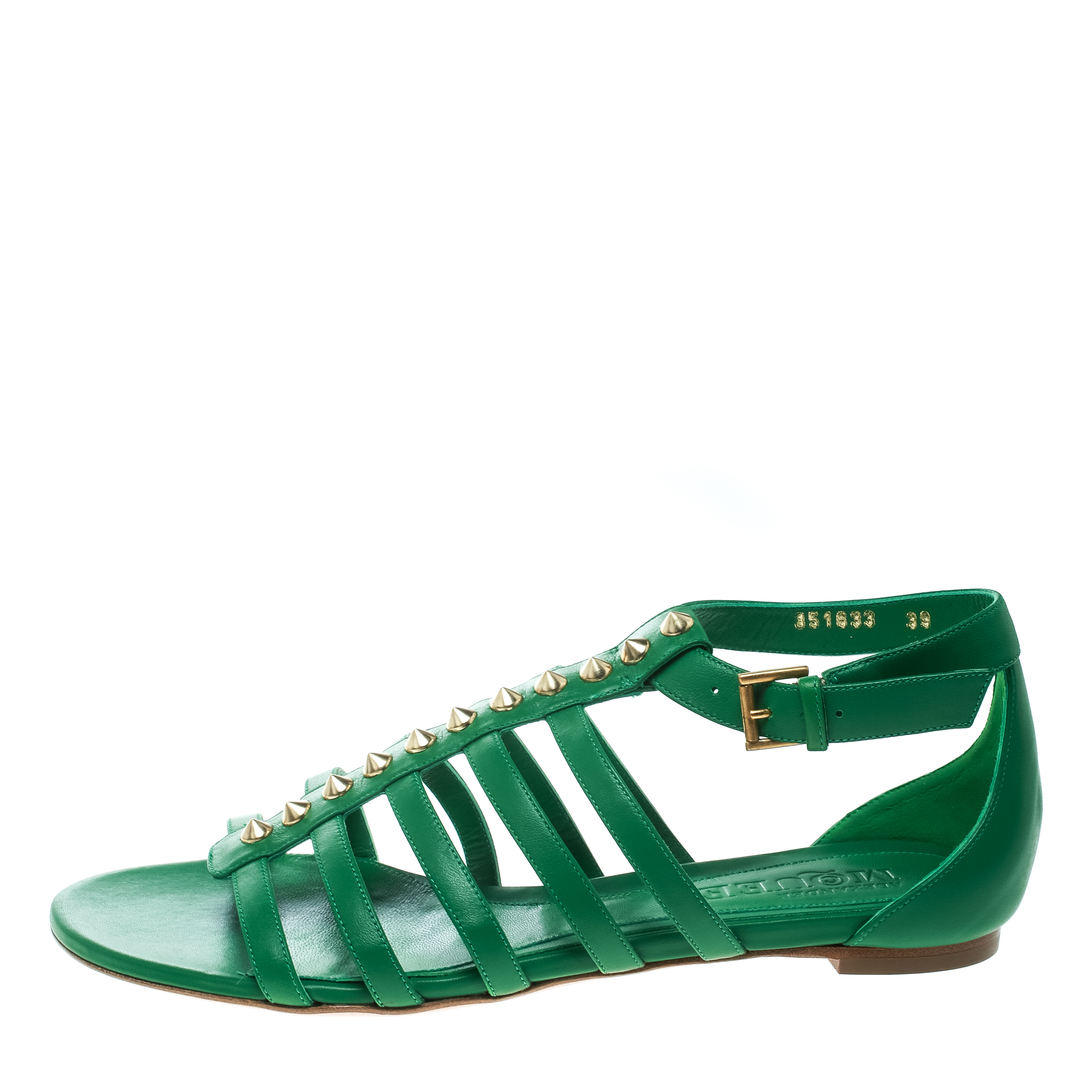 

Alexander McQueen Green Leather Spike Detail Flat Gladiator Sandals Size