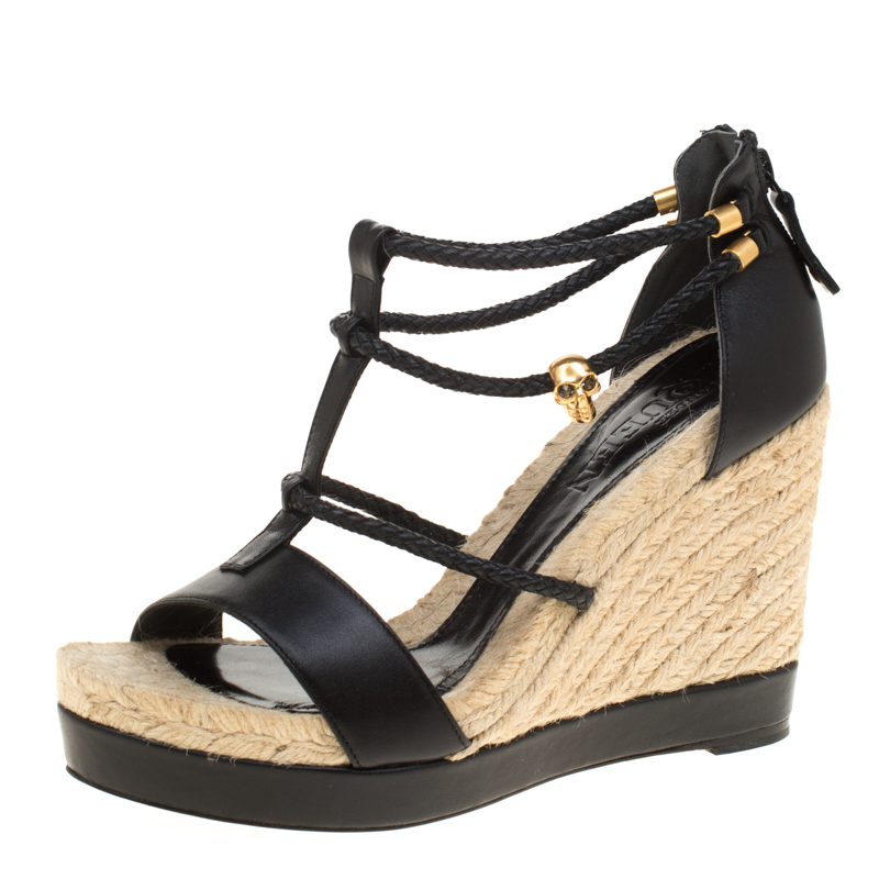 Pre Owned Alexander McQueen Black Braided Leather T Strap Espadrille Wedge Sandals Size 39