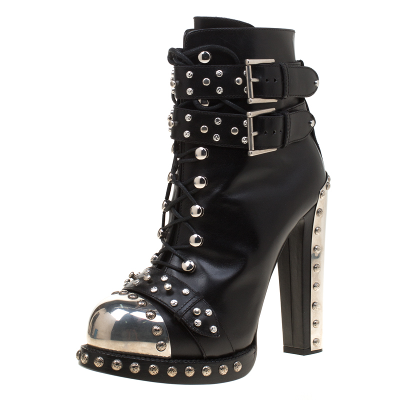 Alexander McQueen Black Leather Studded Armour Heel Platform Ankle Boots Size 39
