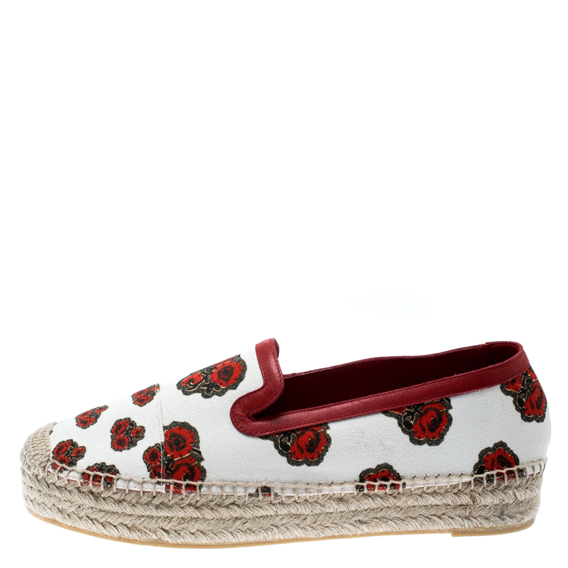 

Alexander McQueen White Floral Printed Canvas And Leather Trim Platform Espadrilles Size