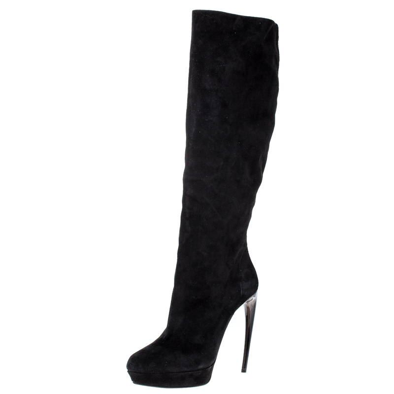 Pre Owned Alexander McQueen Black Suede Curved Heel Platform Knee Length Boots Size 39