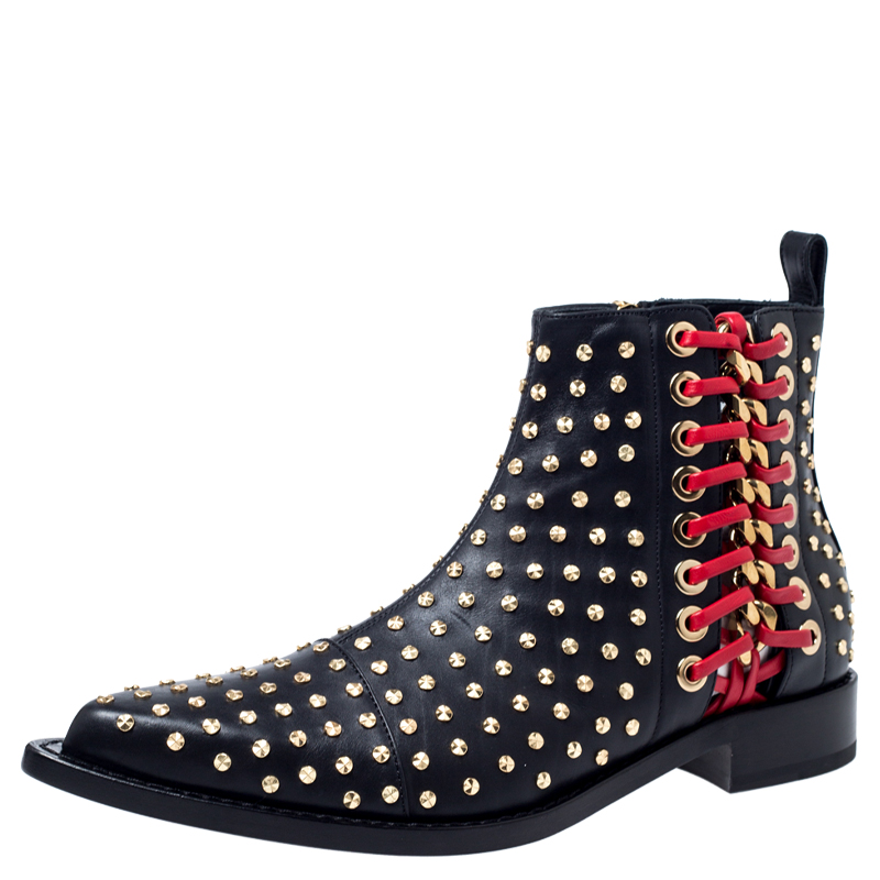 Pre Owned Alexander McQueen Black Leather Studded Chain Detail Pointed Toe Ankle Boots Size 39