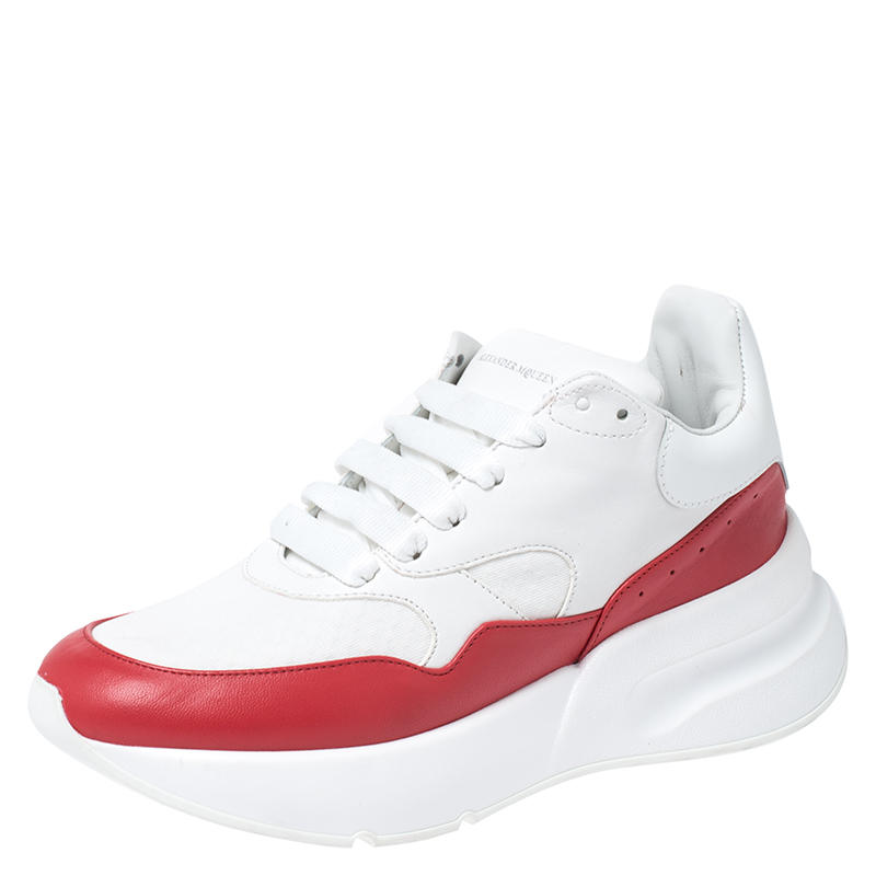 Pre Owned Alexander McQueen White/Red Leather And Canvas Larry Low Top Sneakers Size 38.5