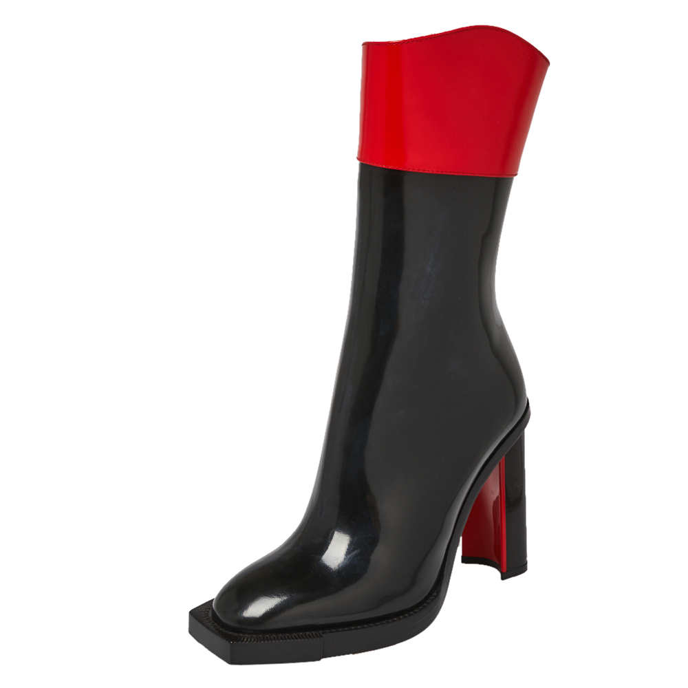 Pre Owned Alexander McQueen Black/Red Patent Leather Hybrid Mid Calf Boots Size 36