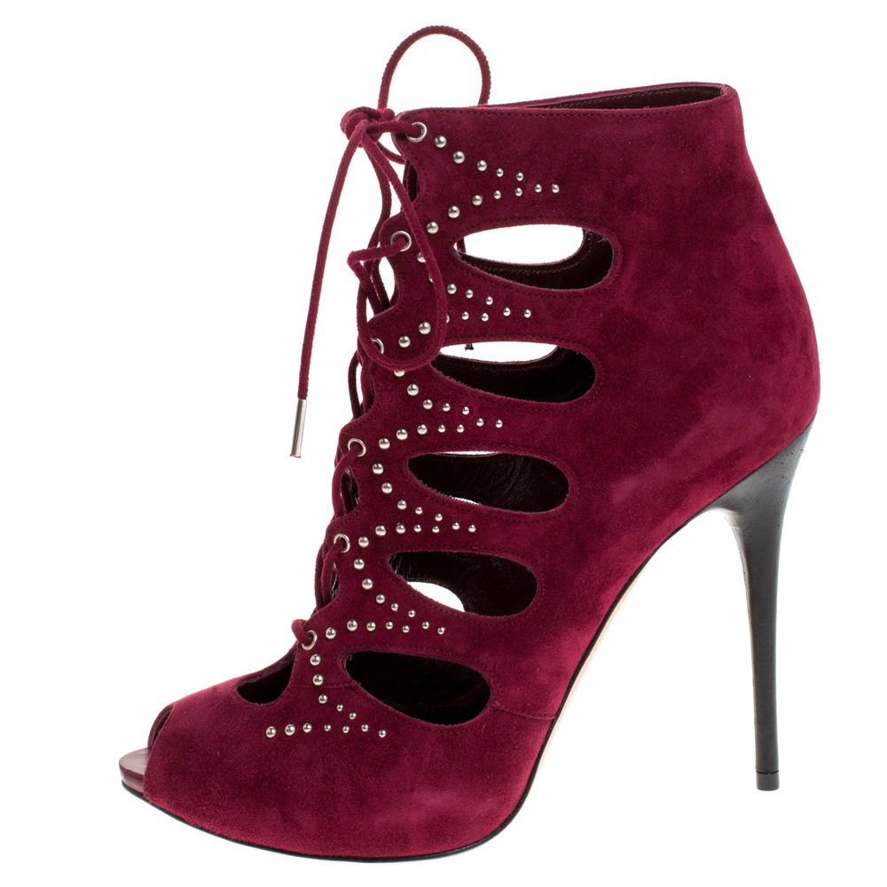 

Alexander McQueen Burgundy Cutout Suede Studded Lace Up Booties Size