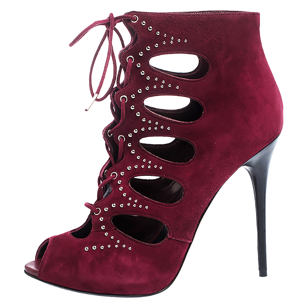 

Alexander McQueen Burgundy Cutout Suede Studded Lace Up Booties Size