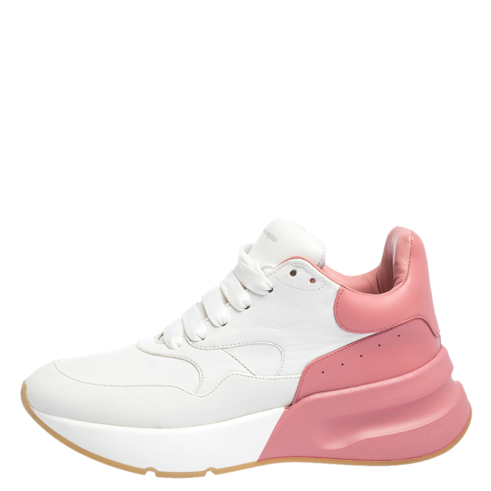 

Alexander McQueen White/Pink Leather And Mesh Oversized Runner Low Top Sneakers Size