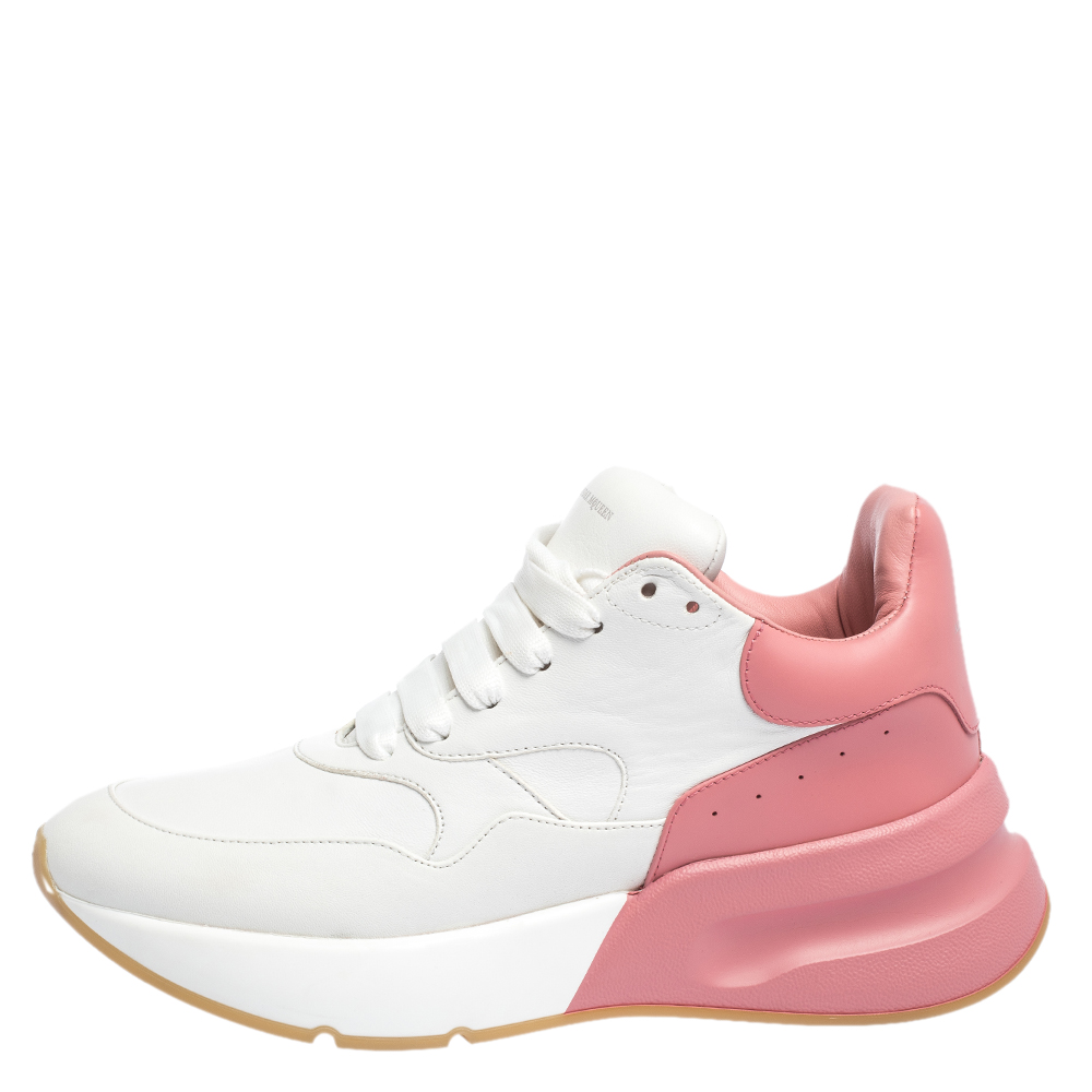

Alexander McQueen White/Pink Leather And Mesh Oversized Runner Low Top Sneakers Size