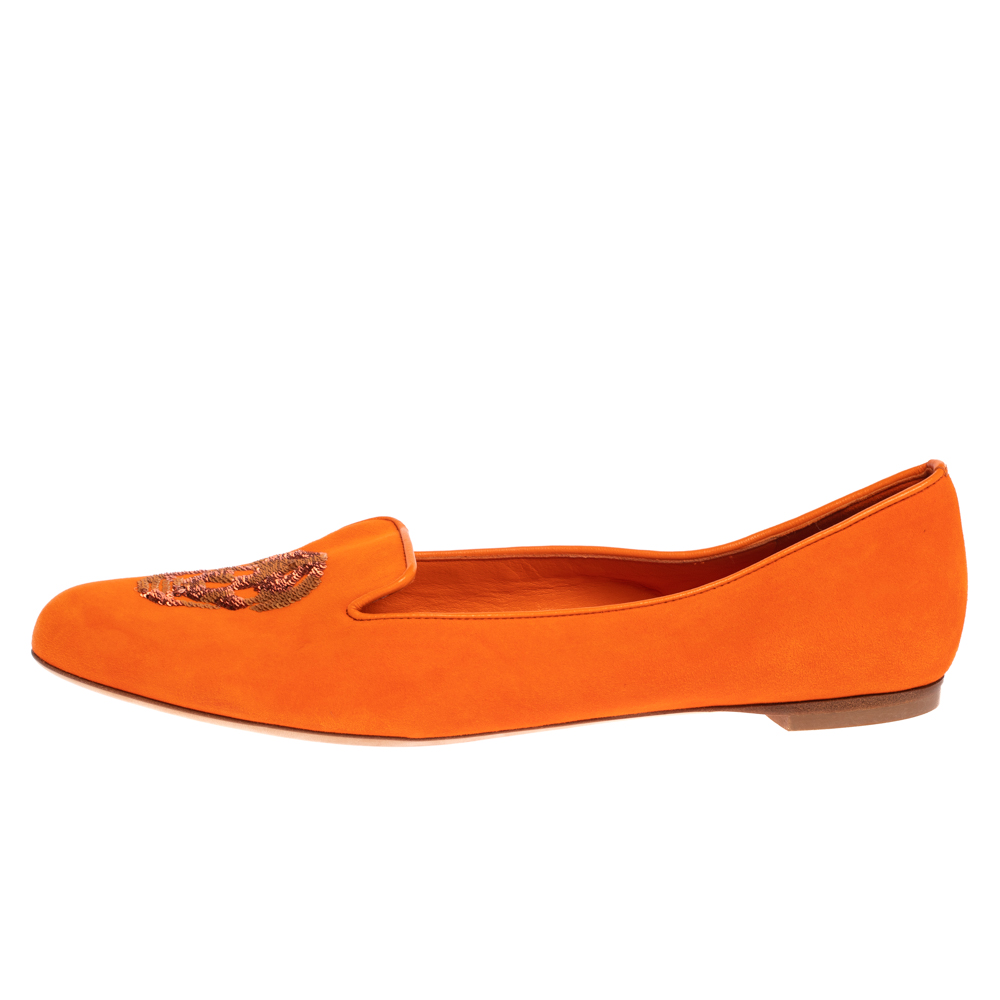 

Alexander McQueen Orange Suede Leather Sequin Embellished Smoking Slippers Size