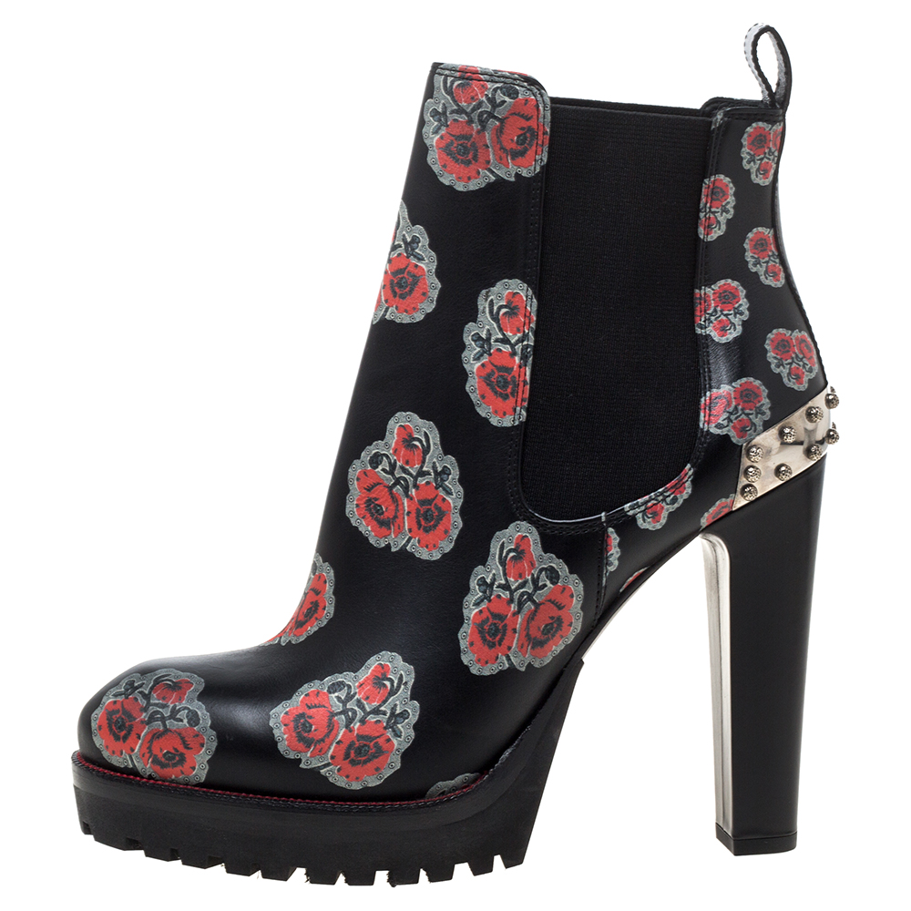 

Alexander McQueen Black Floral Print Leather Chelsea Studded Heels Ankle Boots Size