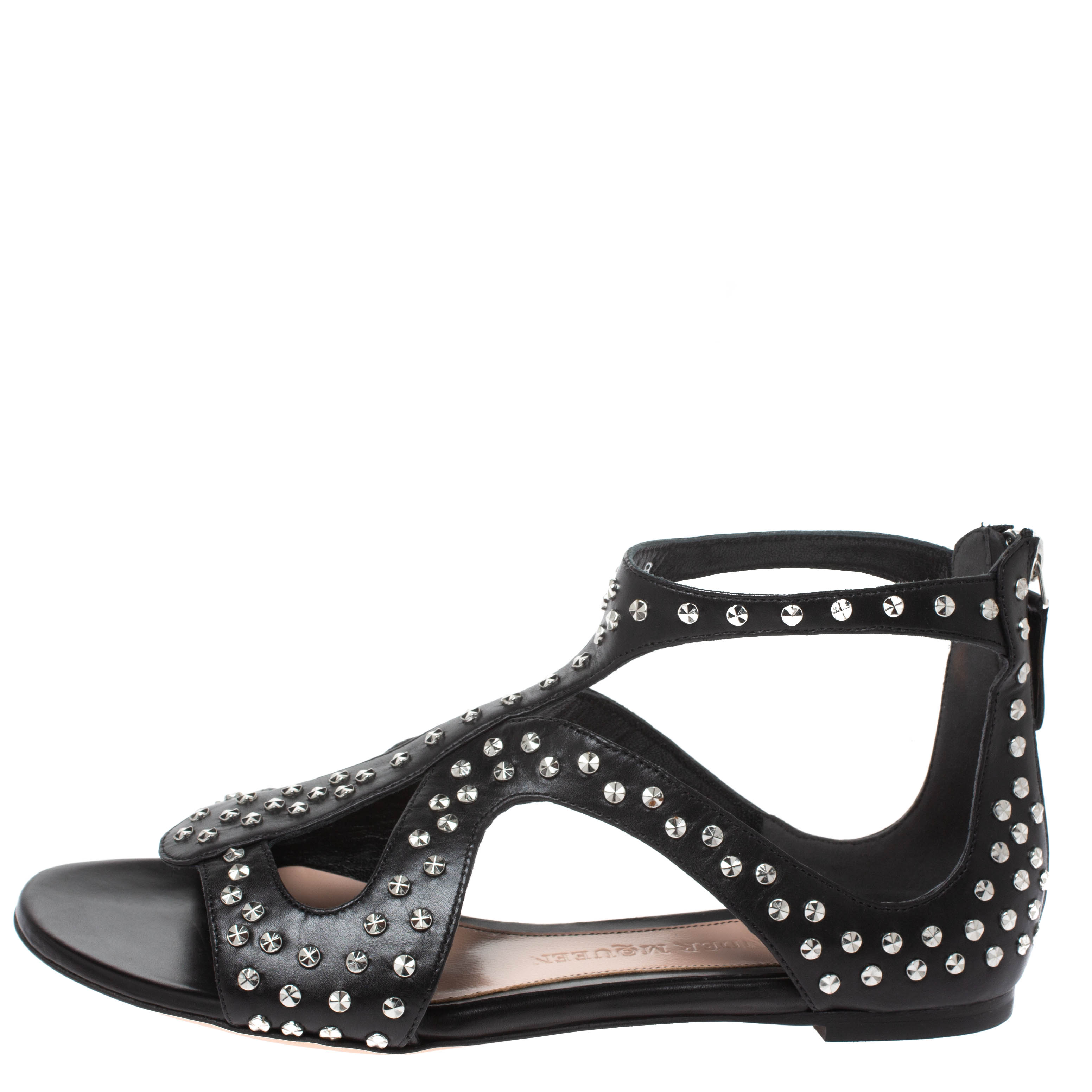 

Alexander McQueen Black Micro Studded Leather Cage Flat Sandals Size
