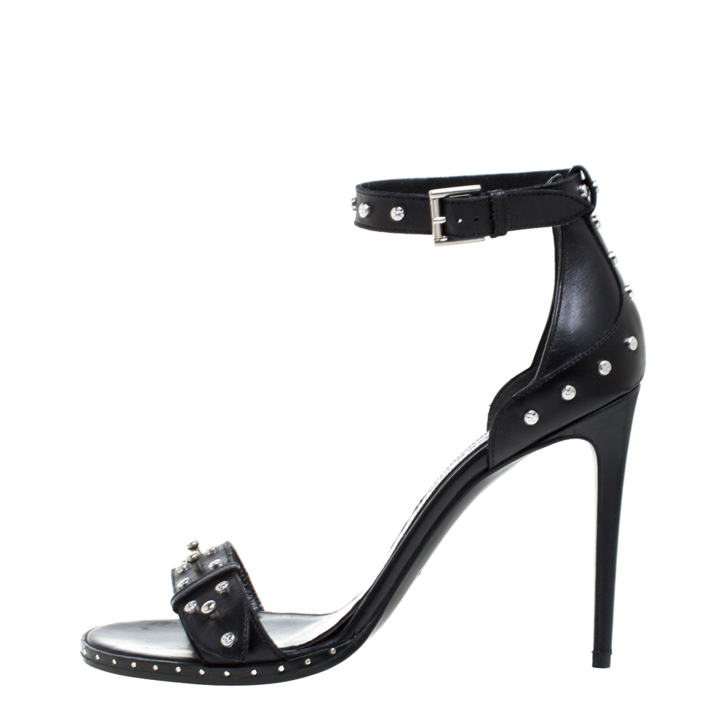 

Alexander McQueen Black Studded Leather Ankle Strap Sandals Size