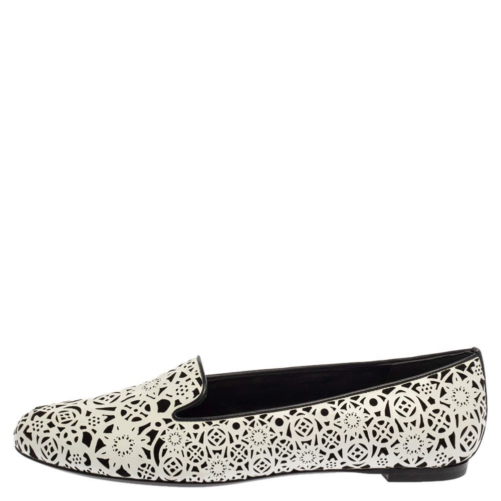 

Alexander McQueen White Leather Monochrome Laser Cut Smoking Slippers Size