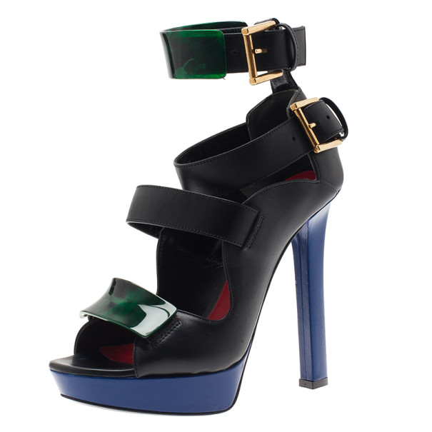 Alexander McQueen Black Plexi Plaque Strappy Sandals Size 37