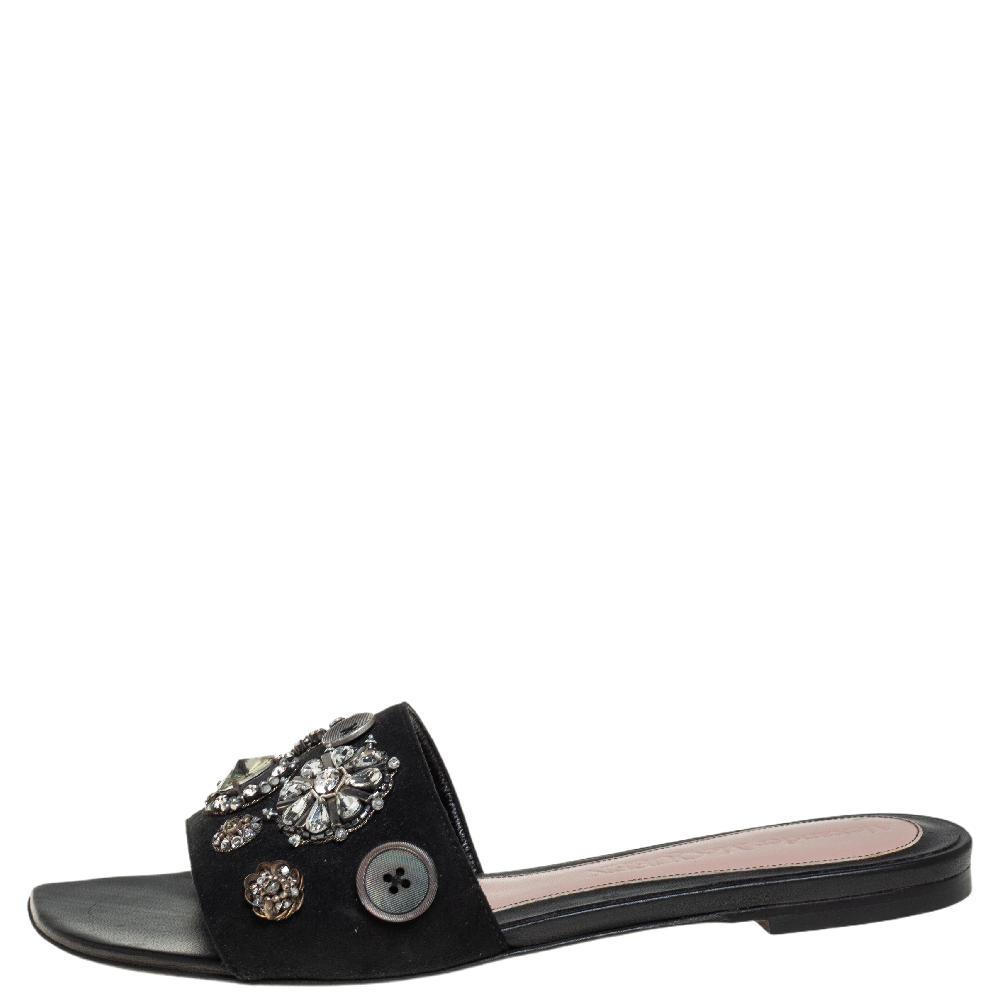 

Alexander McQueen Black Suede Crystal Embellished Flats Size